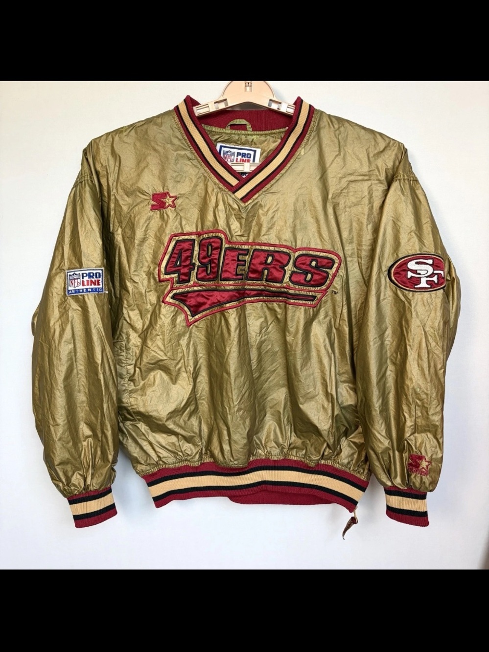 Rare Vtg Starter NFL Pro Line SF 49ers Jacket Gold Metallic Spellout Pullover M